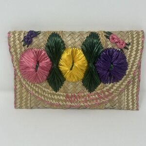 Vintage Nassau Bahamas Straw Raffia Clutch Purse Bag Large Flowers